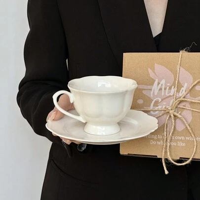 1件法式简约优雅花瓣咖啡杯盘套装复古下午茶精致小众陶瓷礼物返校