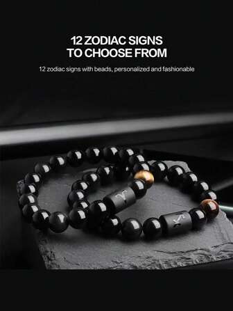 1pc Twelve Constellation Elastic Bracelet For Men, Natural Tiger Eye Stone Bead Strand Zodiac Matching, Suitable For Festivals, Sports, Casual Daily Wear