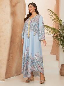 Plus Size Women's New V-Neck Long Sleeve Robe Dress, Belt Tie Floral Print Middle East Style Dress - Multicolor - View 3