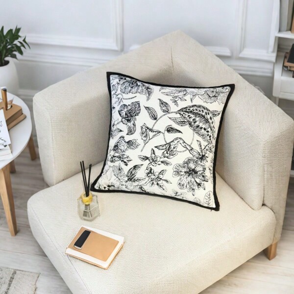 1pc Chenille Luxury Jacquard Black & White Floral Mid-Century Decorative Throw Pillow Cover For Sofa, Living Room, Showcase