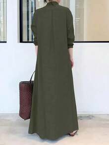 Robe simple à bouton unique de couleur unie, robe longue élégante à manches longues ample, convenant pour le printemps et l'automne, vêtements pour femmes - Vert olive - Voir 2