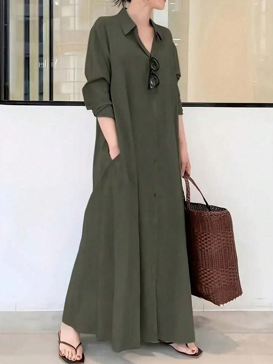 Robe simple à bouton unique de couleur unie, robe longue élégante à manches longues ample, convenant pour le printemps et l'automne, vêtements pour femmes - Vert olive - Voir 1
