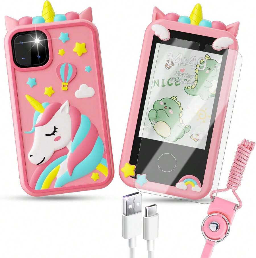 Kids Smart Phone Toys, Touchscreen HD Dual Camera Cell Unicorn Phone For Kids,Travel Toy Preschool Learning Toy For Kids,Christmas Birthday Gifts - 粉色 - 查看 1