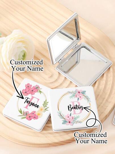 1pc Personalized Initials Name Series Compact Vanity Mirror, Customized Name Simple Design Foldable, Lightweight, Ultra-Thin, Portable, Stainless Steel & PU, Silver Nano-Plated Edging, Exquisite Details, Suitable For All Occasions & All Ages, Folding Square Pocket Mirror Exquisite, Delicate And Unique Design, Durable And Reliable Folding Structure, Drop-Resistant And Convenient To Carry, Hand-Held Makeup Mirror