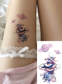 1 Sheets Small Size Body Art Temporary Tattoo Stickers For Women And Men, Romantic Colorful Pink Planet Whale Pattern, Waterproof Fake Tattoo, Lasts 2-5 Days, Covering Scars, Can Be Used On Arms Wrist Shoulders Legs Waist Neck Hand Chest Thighs Finger