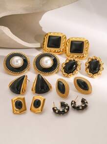 Uworld 1 Pair Of Women's Black Ggold Series Stainless Steel Earrings French Elegant Women's Jewelry Black Onyx Inlaid 18K Gold-Plated Stainless Steel Jewelry Suitable For Daily Wear Party Vacation Etc - Black Gold - View 12