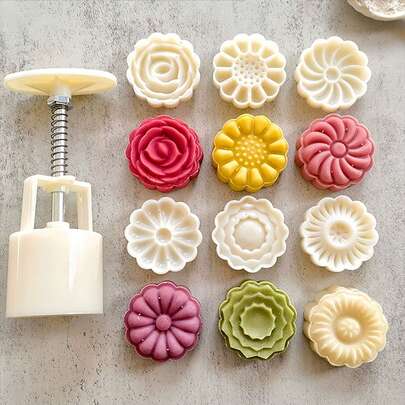 6pcs Chrysanthemum & Rose Flower Shaped Mooncake Mold Set, Non-Stick Hand Pressure Mold For Green Bean Ice Cream, Cartoon Cake & Baking,Home Use Back To School