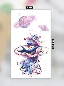 1 Sheets Small Size Body Art Temporary Tattoo Stickers For Women And Men, Romantic Colorful Pink Planet Whale Pattern, Waterproof Fake Tattoo, Lasts 2-5 Days, Covering Scars, Can Be Used On Arms Wrist Shoulders Legs Waist Neck Hand Chest Thighs Finger