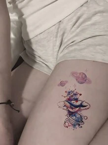 1 Sheets Small Size Body Art Temporary Tattoo Stickers For Women And Men, Romantic Colorful Pink Planet Whale Pattern, Waterproof Fake Tattoo, Lasts 2-5 Days, Covering Scars, Can Be Used On Arms Wrist Shoulders Legs Waist Neck Hand Chest Thighs Finger
