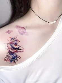 1 Sheets Small Size Body Art Temporary Tattoo Stickers For Women And Men, Romantic Colorful Pink Planet Whale Pattern, Waterproof Fake Tattoo, Lasts 2-5 Days, Covering Scars, Can Be Used On Arms Wrist Shoulders Legs Waist Neck Hand Chest Thighs Finger
