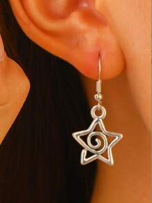 1 Pair Unique Cute Gothic Handmade Jewelry Silver Swirly Star Drop Dangle Earrings For Women/Girls, Suitable For Everyday Wear - Silver - View 2