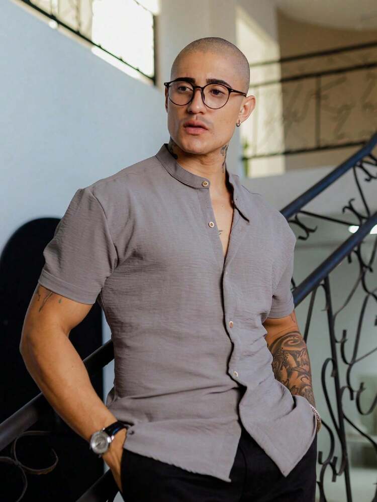 Men's Short Sleeve Shirt Priest Collar Comfortable Fresh Easy Ironing - 灰色 - 查看 1