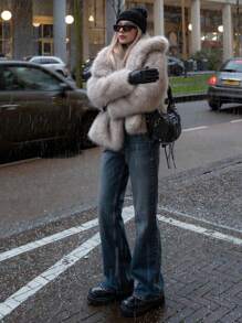 HH Faux Fur Jacket For Women Elegant Solid Lapel Long Sleeve Coat Casual Loose Female Winter Oversize Lady Chic Streetwear Jakcets