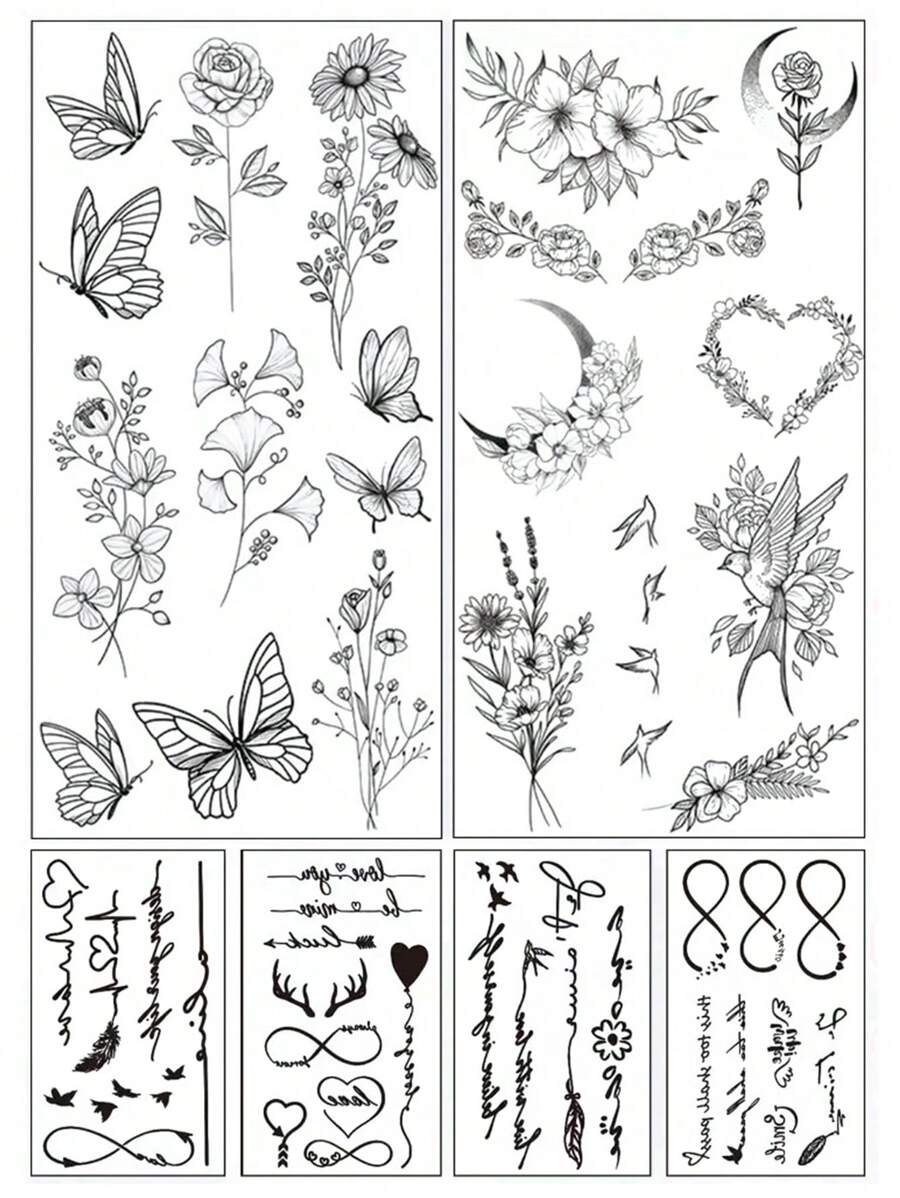 (一套6张) 蝴蝶、树叶、花朵、小鸟、月亮、花环、字母、鹿角等图案纹身贴遮瑕防水耐用仿真个性性感纹身贴男女适用