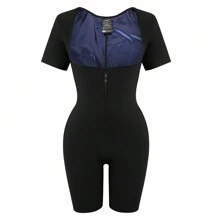 Underbust Women Fitness Sauna Sweat Vest Shapewear Bodysuit Short Sleeve Waist Trainer Trimmer Thigh Slimmer Fat Burner Slimming Tummy Control Thermo Heat Trapping Belly Abdomen Compression Body Shaper Underwear Zipper Girdle Corset Sports Gym Workout