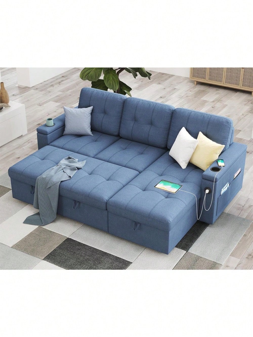 Sleeper Sofa Bed, 84 Inch Pull Out Couch Bed With Cup Holders, Tufted L ...