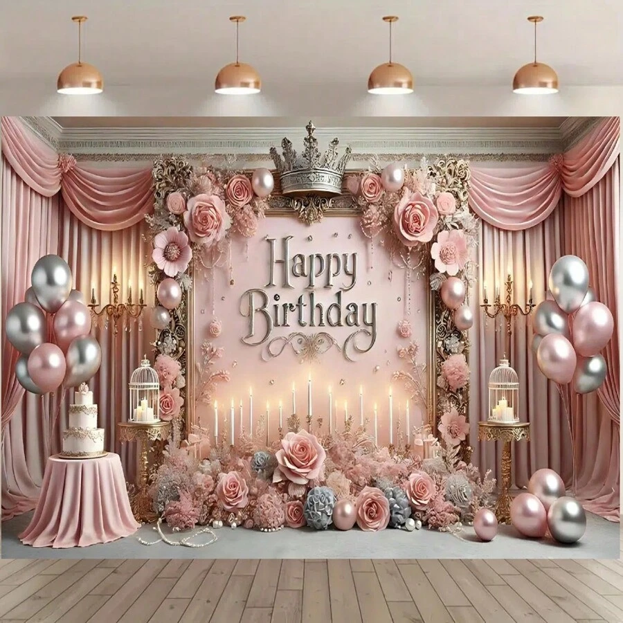 1 tấm Banner nền chụp ảnh sinh nhật bằng bóng bay màu hồng, bóng bay, hoa, thiết kế chủ đề màu hồng, thích hợp cho sinh nhật, trang trí bàn bánh tiệc Banner polyester, trang trí studio, - Nhiều màu - Xem 1