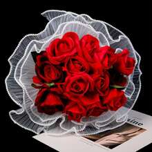 1 件波浪形薄纱蛋糕花包装，带人造珍珠装饰，皱纹欧根纱丝带用于鲜花包装，花束礼品包装网，适用于生日、婚礼、母亲节、教师节和情人节