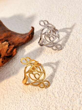 1 件女士镂空花戒指，不锈钢镀金，简约创意钛钢表带，防褪色，时尚，新品配饰，情人节和新年礼物