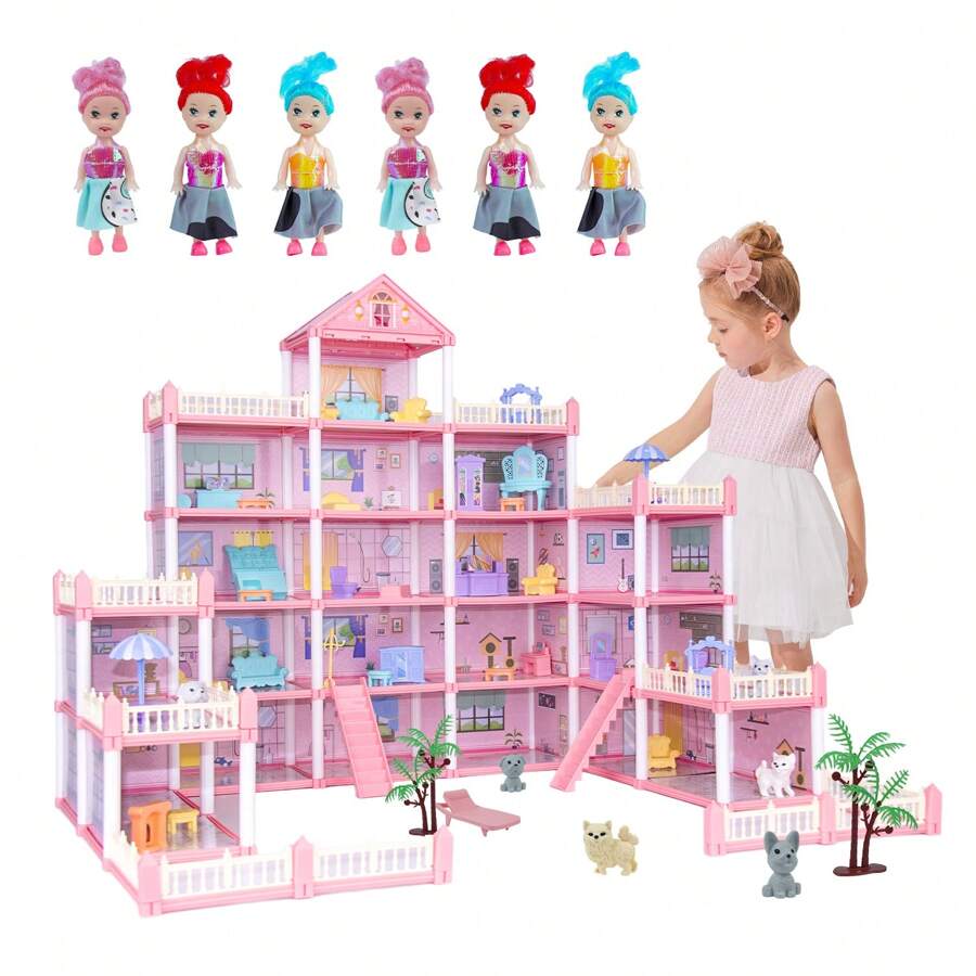 Ngôi nhà búp bê công chúa lớn trong mơ với 5 tầng 27 phòng, 6 búp bê 4 thú cưng và đồ nội thất - Quà tặng đồ chơi Giáng sinh hoàn hảo cho bé gái từ 3-8 tuổi, Nhà chơi màu hồng giả tự làm có cầu thang và phụ kiện (Phụ kiện ngẫu nhiên) - Nhiều màu - Xem 1