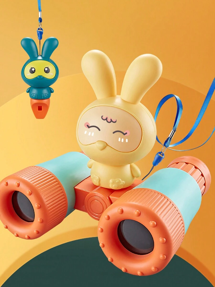 1 Set de Binoculares con diseño de conejo, kit de binoculares y silbato portátiles y divertidos para actividades al aire libre como regalo para niños, niñas, jardín de infantes, con accesorios variados