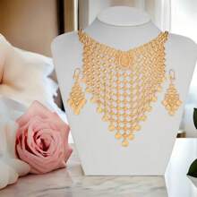 3pcs/Set Retro Coin, Tassel, Geometric & Rose Flower Pattern Charm, 18K Gold Plated, European & American Dubai Style Necklace + Earrings, Elegant Wedding Bridal Jewelry Gift Set For Mom, Sister, Valentine's Day Valentines,Mom,Mother,Mother's Day,Gift - Gold - View 9