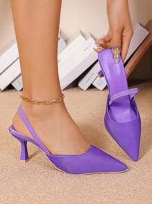 Women's Purple Convertible High Heel Closed Toe Sandals, 7cm Height Women's Black Pointed Toe Kitten Heel Slip-On Sandals, Elastic Strap, Elegant Style