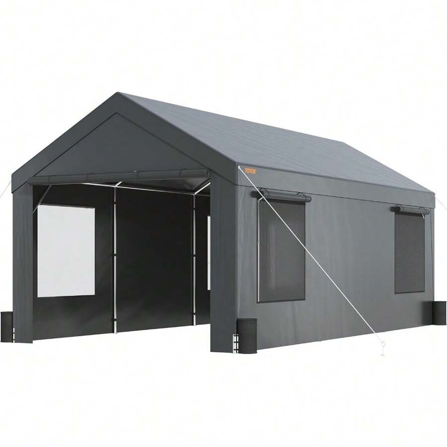 VEVOR Carport, 10x20ft Heavy Duty Carport Car Canopy, Portable Garage Car Port With Roll-Up Ventilated Windows & Removable Sidewalls, UV Resistant Waterproof All-Season Tarp For SUV, Car, Truck, Boat - 深灰色 - 查看 1