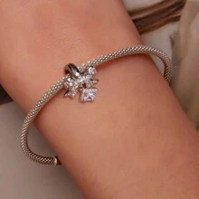 bamoer 1 PC 925 Sterling Silver Pink Heart-Shaped Charm Bowknot Bead Fit Original Bracelet DIY Making Valentine's Day Jewelry Valentines - Silver - View 3