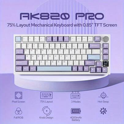  AJAZZ AK820PRO Teclado mecánico de juego personalizado con tres modos: Bluetooth/2.4G inalámbrico/con cable. Adecuado para PC y portátiles. Cuenta con un teclado PBT de 75% con estructura contorneada, RGB universal y múltiples opciones de teclas. Es un teclado dedicado para oficina, juegos y deportes electrónicos con distribución de teclado árabe.