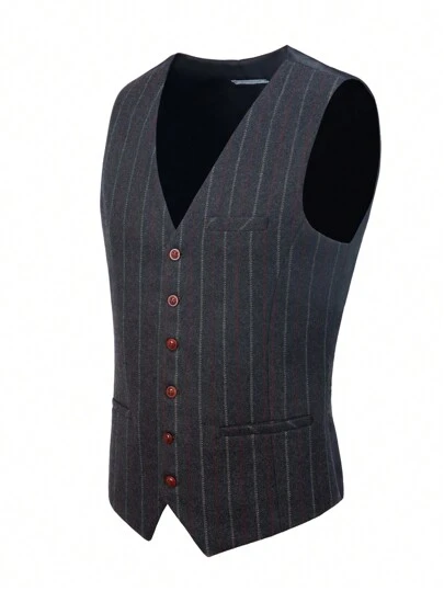 Furuyal Men's Gentleman Business Black Striped Herringbone Waistcoat, Slim Fit, Fashion, Party, Minimal, Wedding Groomsman, Travel, Work