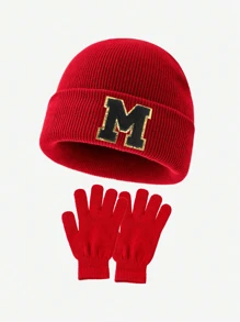 2pcs/Set Unisex 26 Letters Knit Beanie Hat & Fingerless Gloves, Autumn/Winter Warm Set, Suitable For Daily Outdoor Wear, Fashionable Accessory, Ideal For Birthday/Holiday Gifts - Red - View 11