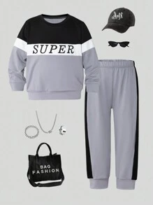 Young Boys Casual And Fashionable Black And White Grey Round Neck Long Sleeved Letter Printed Sportswear And Jogging Pants Set, Suitable For Daily Wear, Vacation And Sports, Suitable For Children To Wear In Spring And Autumn 2 Pieces Set - Grey - View 1