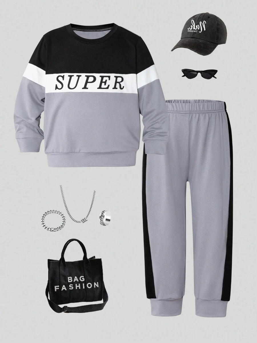 Young Boys Casual And Fashionable Black And White Grey Round Neck Long Sleeved Letter Printed Sportswear And Jogging Pants Set, Suitable For Daily Wear, Vacation And Sports, Suitable For Children To Wear In Spring And Autumn 2 Pieces Set - Grey - View 1