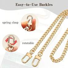 Golden Chain For Purse Handbags, 47" Flat Chain Strap For Crossbody Bag, Replacement Chain Link Strap, With Metal Buckles
