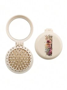 1pc Valentine's Day Flower Aesthetics 26-Letter Mirror Comb, Best Maid Of Honor, Teacher, Friend Gift, Graduation Essential Portable Backrest Comb, Foldable Air Cushion Comb, Travel Camping Essential,Hair Brush,Comb,Hair Tools,Hair Products And Accessories For Barber Salon Beauty Travel Essentials