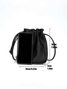 迷你时尚简约软质抽绳斜挎包，方形，多功能时尚PU软轻手机袋，水桶包，纯色防水 - 黑色 - 查看 4