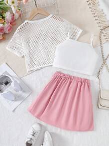 3 件套青少年女孩 8-12 岁时尚休闲运动服、网眼夹克、印花背心和迷你裙