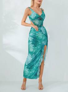 Women Tops Skirt Suit, Sleeveless Off Shoulder Floral Vest + Summer Casual Long Skirt Outfit - Green - View 3