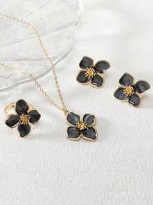 1pc Necklace, 1 Pair Earrings, 1pc Ring, Colorful Enamel Four-Petal Flower, Five-Petal Flower, Egg Flower Floral Jewelry Set, 4pcs/3pcs Set, Suitable For Daily Wear, Vacation, Party, Gifts For Friends - Four-petal Flower Jewelry Set - View 20