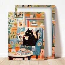 1幅现代装饰艺术风格猫咪海报 - 帆布印刷卡通黑猫在沙发上享用咖啡 - 复古室内墙面装饰，适用于客厅、家庭办公室、厨房、卧室 - 动物主题春季装饰和冬季水墨画（带框） - 彩色 - 查看 10