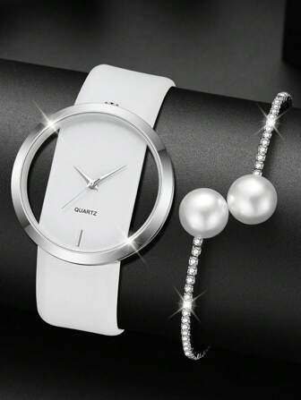 2PCS White Women's Watch Set Fashion Simple Pointer Dial Quartz Watch Bracelet Jewelry Set Perfect Gift For Her (No Box)