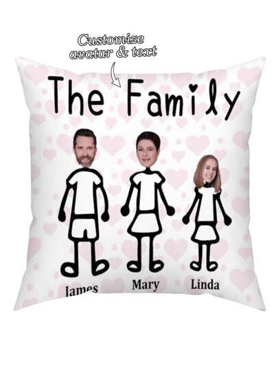 1pc Customized Photo DIY Name Pillow Cover, Personalized 3-Person Family Portrait & Name Printing Single-Sided Decorative Throw Pillow Case, Housewarming, Birthday, Holiday Gift For Family, Couple, Friend, Pets, Yourself, Home Decor For Living Room, Bedroom, Outdoor, Season Picks, Home Textile, Customized Cushion Covers,Christmas Gift Supplies