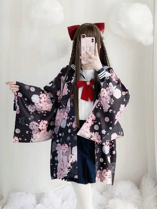 Cute Japanese Style Lightweight Outer Wear, Anime, Cosplay, Lolita, Pink Sakura Cat Print, Japanese Haori Jacket, Kimono, Hanfu Style, 3/4 Sleeve, Casual Streetwear, Traditional Korean, Festival, Anime Costume, JK Uniform, Sunscreen Garment