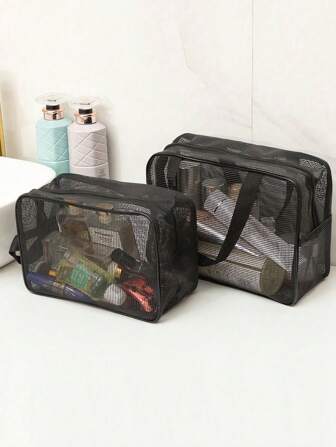 网状洗漱包，便携式手持淋浴化妆包，网状洗漱包便携式手持沐浴收纳化妆包黑色防漏健身淋浴口袋沐浴包，适用场景浴室，户外，旅行/沐浴，洗浴，收纳透气健身淋浴便携包-颜色随机拉链头旅行必需品旅行配件度假暑假返校