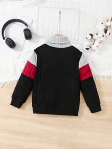 Young Boy Contrast Color Rib Knit High Collar Sweatshirt - Burgundy - View 2