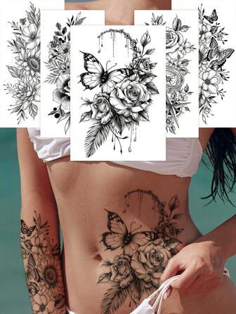 5 件描花卉图案临时纹身，性感描花卉链和蝴蝶设计，防水、防汗、防刮，方便女性用于派对、聚会和日常穿着，适用于腹部、大腿、锁骨、背部等部位