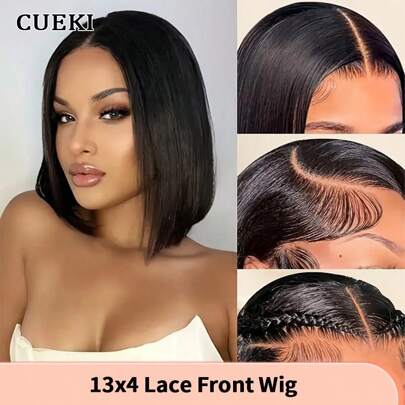 CUEKI 波波头假发 13x4 前蕾丝假发 180% 密度波波头蕾丝前假发 混合真人发 预拔短波波头假发 女士纤维混合真人发直发假发