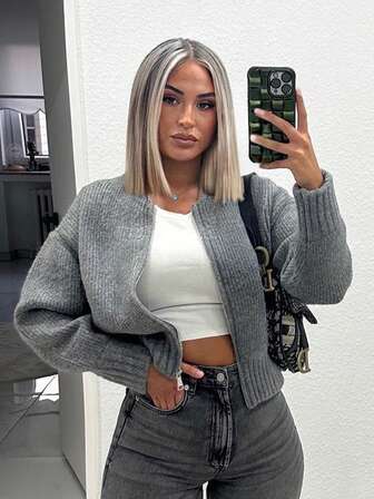 HH Dam Casual Zip Enfärgad Långärmad Stickad Tröja