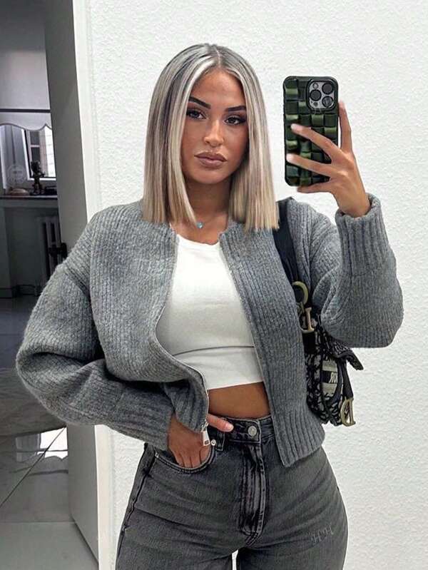 Damen lässige, durchgehend reißverschlossene Strickjacke mit Langarm in Unifarbe